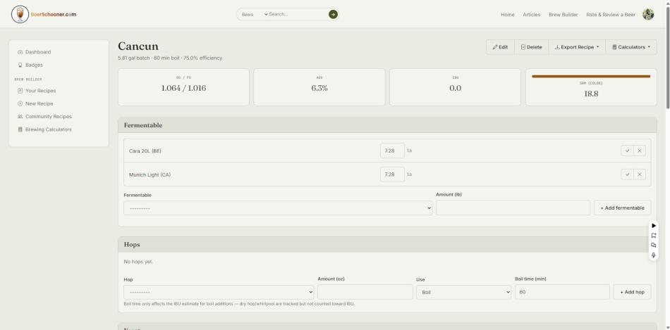 Brew Builder recipe screen