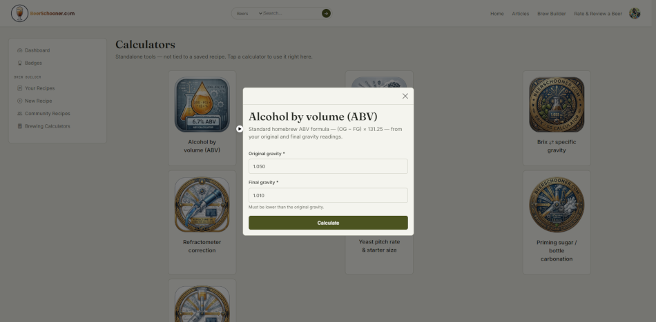 Brewing calculators screen